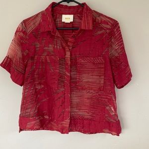 Maeve Anthropologie Sheer Red Button Front Sun Palm Crop Top Shirt Size 6